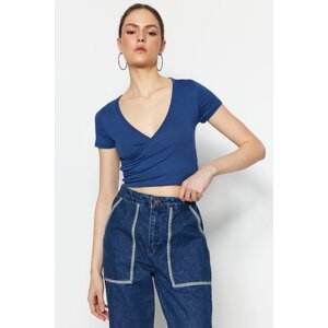 Trendyol Blue Fitted Double Breasted Neck Crop Viscose Stretchy Knitted Blouse