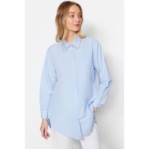 Trendyol Blue Collar Accessory Detail Woven Cotton Shirt