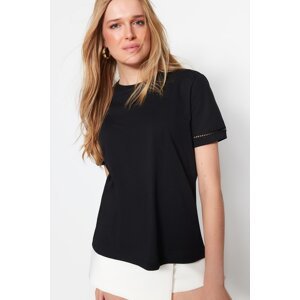 Trendyol Black 100% Cotton Basic Crew Neck Knitted T-Shirt with Embroidery Detail