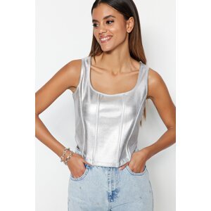 Trendyol Silver Shiny Printed Corset-Look Fitted Square Collar Crop Knitted Blouse