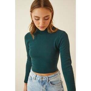 Happiness İstanbul Women's Green Ribbed Turtleneck Crop Knitted Blouse