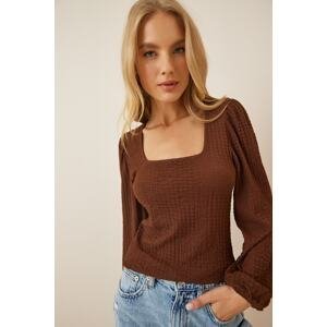 Happiness İstanbul Women's Brown Square Neck Textured Knitted Blouse