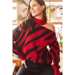 Olalook Dámsky bordový červený zebra vzor na jedno rameno oversized úpletový sveter
