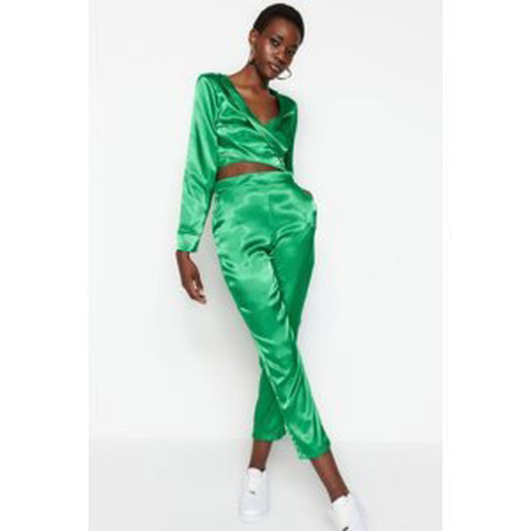 Trendyol zelené rovné saténové tkané nohavice