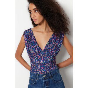 Trendyol Purple Printed V-Neck Drape Detailed Fitted/Sleeping Stretchy Knitted Bodysuit with Snap fastener