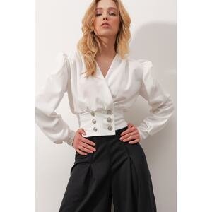 Trend Alaçatı Stili Women's White Double Breasted Collar Princess Sleeve Button Detailed Crop Blouse