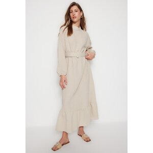 Trendyol Beige Fabric Covered Belted Seersucker Woven Dress