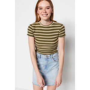 Trendyol Khaki Striped Baby Overlock Detailed Fitted Crop Ribbed Knitted Blouse