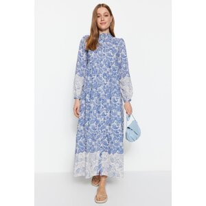 Trendyol Blue Ethnic Patterned Crew Neck Linen-Looking Woven Shirt Dress