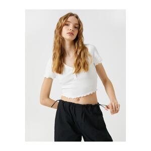 Koton Crop T-Shirt Short Sleeves V-Neck with Cotton Buttons