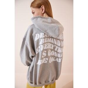 Happiness İstanbul Women's Gray Hooded Printed Oversized Knitted Sweatshirt