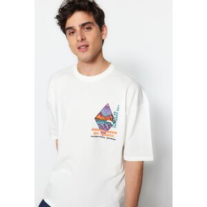 Trendyol Ecru Oversize Fit Ribbed Printed 100% Cotton T-Shirt