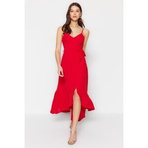 Trendyol Red Belted A-line/Bell Form Flounce Detailed Woven Maxi Dress