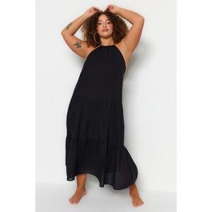 Trendyol Curve Čierne Halterneck Maxi tkané plážové šaty plus veľkosti