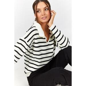 armonika Women's Ecru Striped Polo Neck Knitwear Sweater