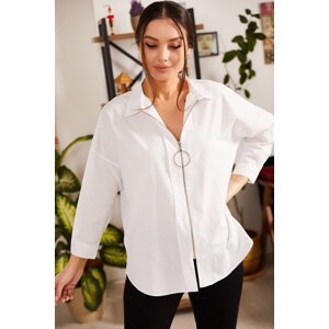 armonika Women's White Front Zipper Loose Shirt