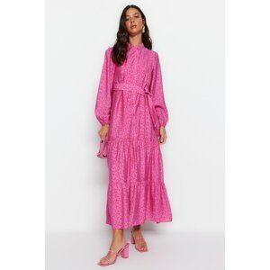 Trendyolová ružová vlnitá sukňa s volánom s kvetinovým vzorom podšitou tkanými šatami