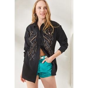 Olalook Women's Black Sequin Detailed Oversized Shirt