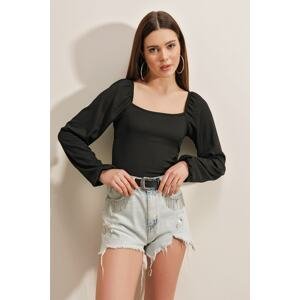 Bigdart 0465 Knitted Blouse with Balloon Sleeves - Black