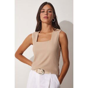 Happiness İstanbul Women's Beige Square Collar Knitted Blouse