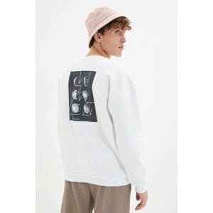 Trendyol Men's White Oversize/Wide-Fit Crew Neck Space Printed Fleece Sweatshirt