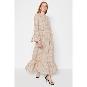 Trendyol Dark Beige Floral Patterned Flounce Detail Cotton Woven Dress