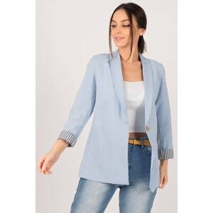 armonika Women's Baby Blue Inner Sleeve Striped Single Button Jacket