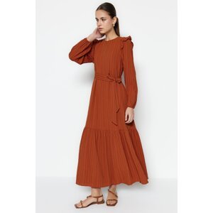 Trendyol Cinnamon Belted Viscose Blended Woven Dress With Ruffled Shoulder Skirt Flounce Lined