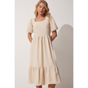 Happiness İstanbul Women's Cream Square Neck Summer Ayrobin Dress