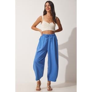 Happiness İstanbul Women's Blue Pocketed Linen Viscose Shalwar Trousers