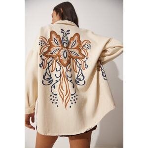 Happiness İstanbul Women's Cream Butterfly Printed Raw Linen Shirt Jacket