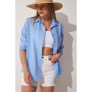 Happiness İstanbul Women's Sky Blue Oversize Linen Ayrobin Shirt