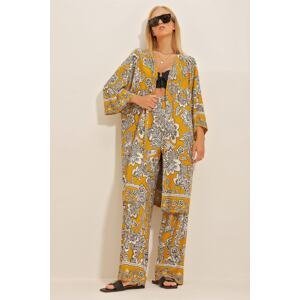Trend Alaçatı Stili Women's Saffron Yellow Patterned Kimono Jacket And Comfortable Cut Trousers