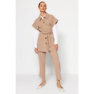 Trendyol Mink Belted Button and Pocket Detail Knitted Crepe Vest and Trousers Bottoms Top Set