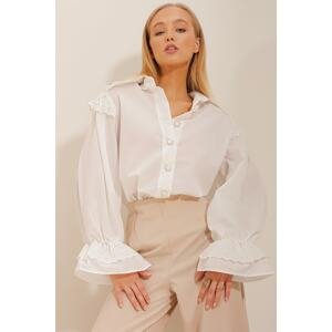 Trend Alaçatı Stili Women's White Collar Embroidered Scalloped Poplin Shirt with Balloon Sleeves Embroidered