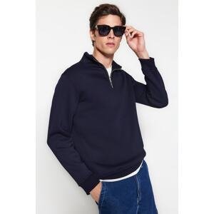 Trendyol Men's Navy Blue Regular/Real Fit High Neck Zippered Cotton Basic Sweatshirt
