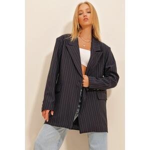 Trend Alaçatı Stili Women's Navy Blue Striped Lined Blazer Jacket