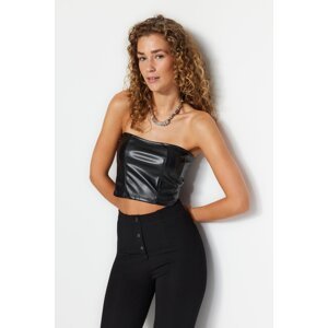 Trendyol Black Faux Leather Strapless Back Zippered Crop Bustier