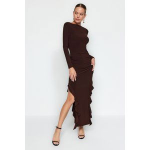 Trendyol Brown Flounce Boat Rock Maxi Flexible Knitted Dress