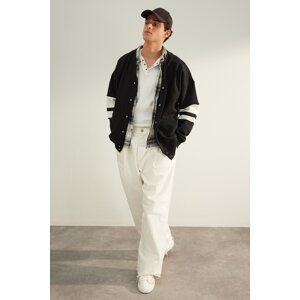 Trendyol Men's Black Oversize/Wide-Fit Sleeves Striped Fleece Inner Sweatshirt Cardigan