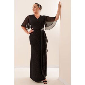 By Saygı Plus Size Glittery Long Dress with Chiffon Sleeves and Stone Accessory Lined Wide Sizes Saks.