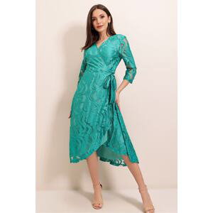 By Saygı Double Breasted Neck Lined Wrapped Lace Dress Turquoise