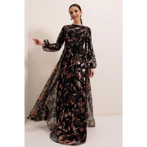 By Saygı Belted Waist, Lined, Gilded Long Dress Wide Size Range, Black-gold