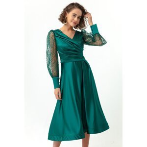 Lafaba Women's Emerald Green Double Breasted Collar Silvery Midi Satin Evening Dress