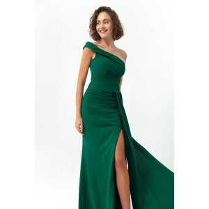 Lafaba Dámske smaragdovo zelené dlhé večerné šaty na jedno rameno s kameňmi.