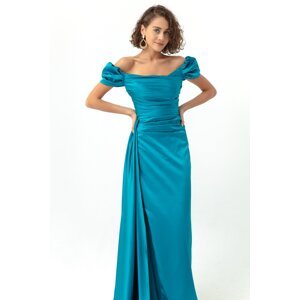 Lafaba Women's Turquoise Bateau Neckline Long Satin Evening Dress & Graduation Dress