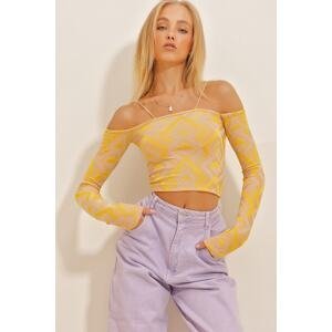 Trend Alaçatı Stili Women's Yellow Lilac Rope Strap Detailed Long Sleeve Patterned Crop Knitted Blouse