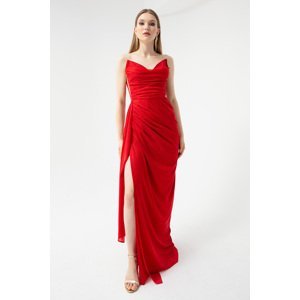 Lafaba Women's Red Chest Draped Slit Silvery Evening Dress