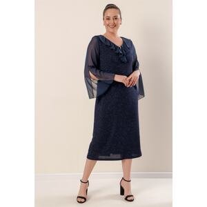 By Saygı Collar And Sleeves Chiffon Lined Lycra, Glittery Plus Size Dress Wide Size Range Silver