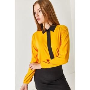 armonika Women's Yellow Striped Front Shirt Collar Elastic Sleeve Elastic Blouse